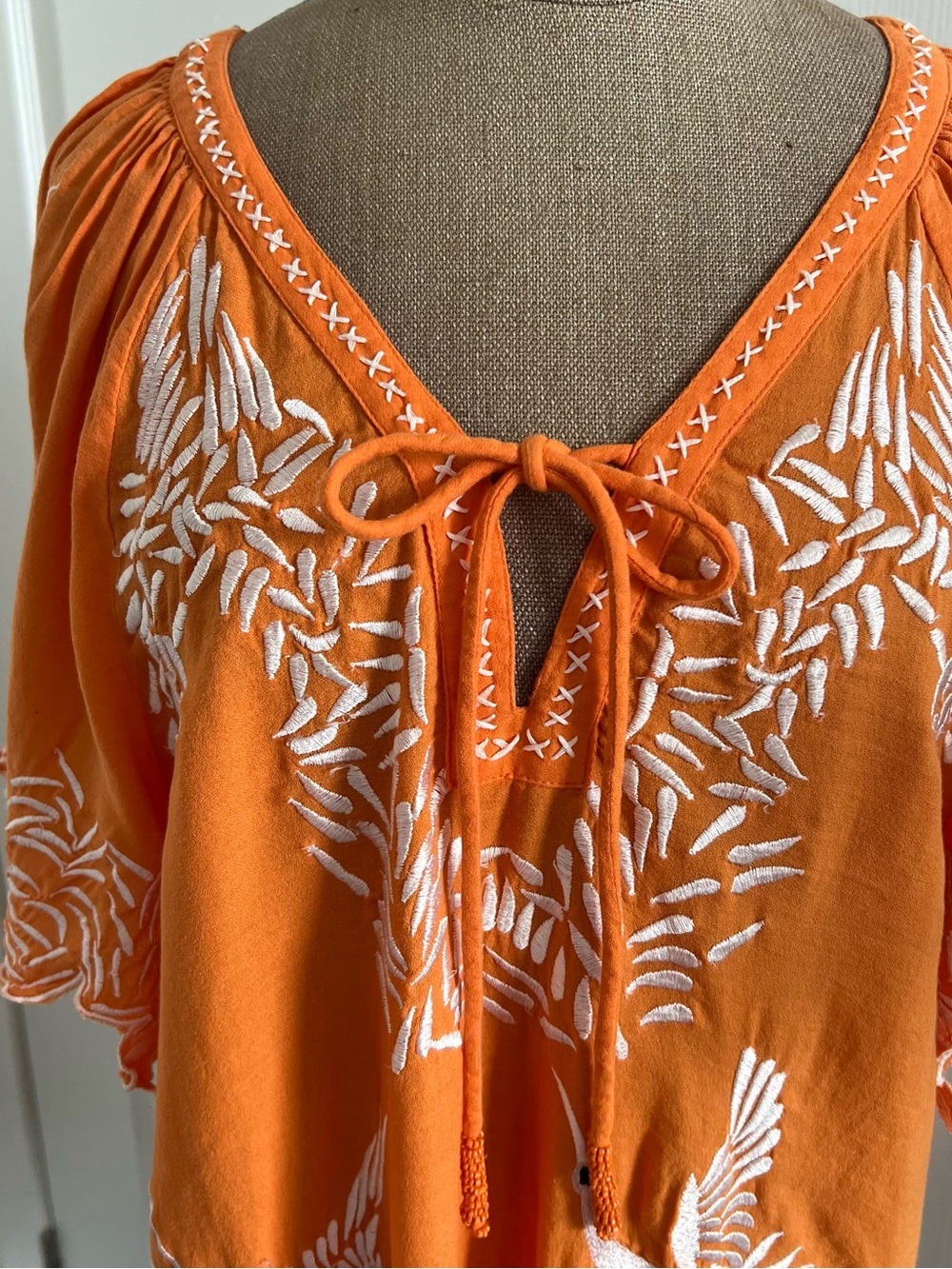 SUNDANCE- Orange Peasant Dress with White Embroidery